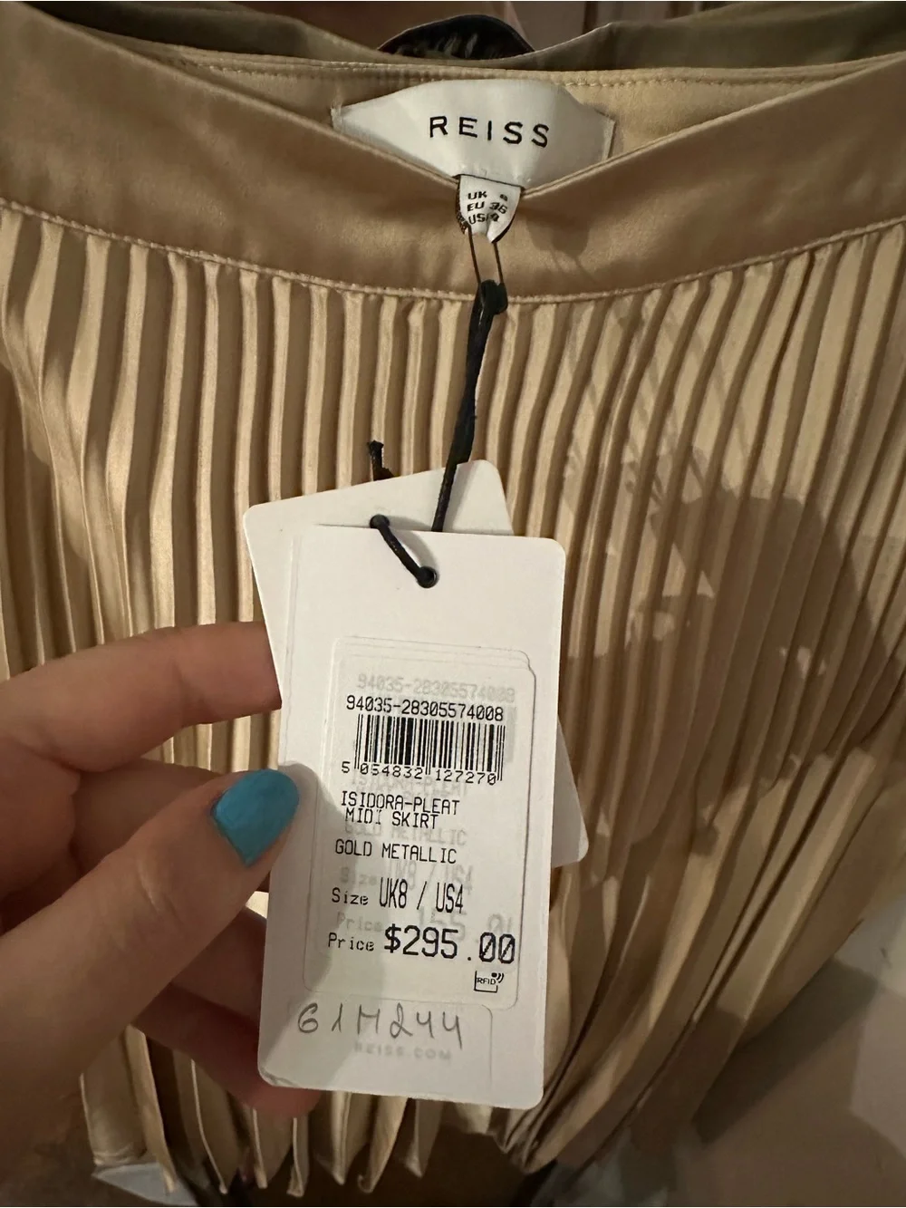 NWT Reiss Isidora Knife Pleated Midi Skirt in Gold Metallic - US 4/UK 8